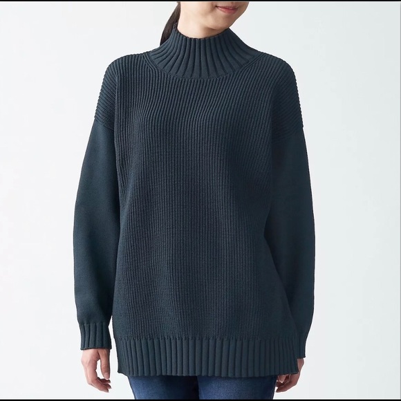 Muji Sweaters - MUJI - Hollow Fiber Rib Knit Mock Neck Tunic - Black